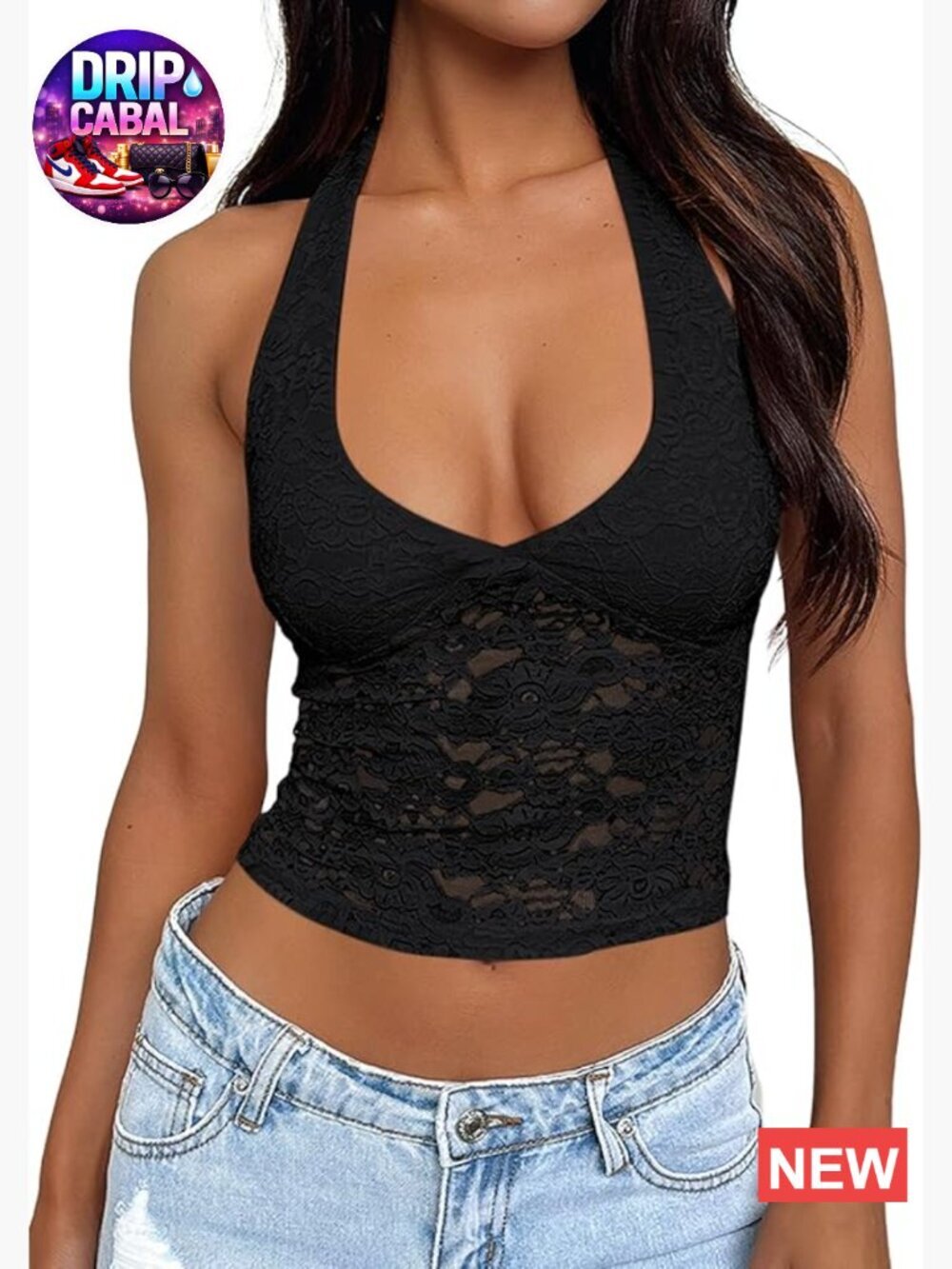 Lace V-Neck Sleeveless Halter Y2K Sexy Crop Tank Top